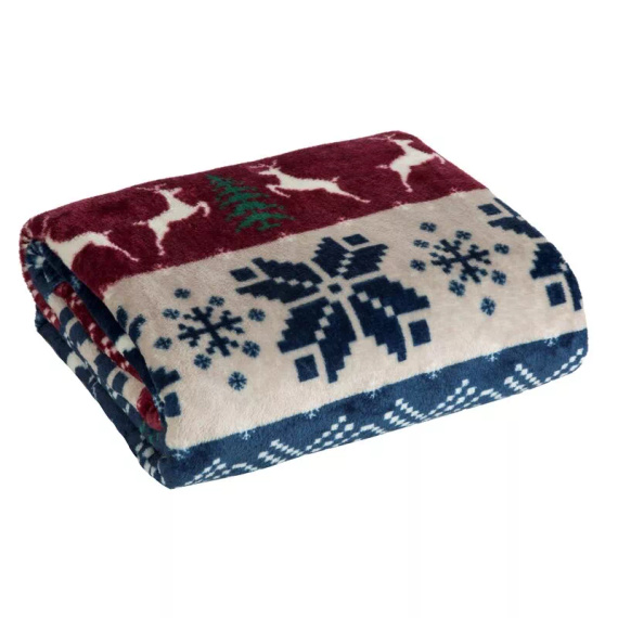 Eurofirany Vianočná deka tmavomodrá červená so škandinávskym vzorom - mäkký prehoz z mikrovlákna, 240 g/m²