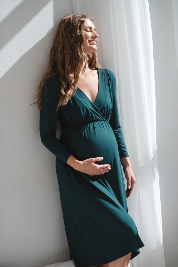 Hviezdna ľahká tehotenská a dojčiaca bambusová nočná košeľa 7/8 Milk&Love fľaša zelená - priedušná, pre nemocnice, pohodlné dojčenie