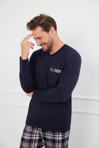 Edwin Pánske pyžamo s dlhým rukávom a dlhými nohavicami Italian Fashion - námornícka modrá/potlač