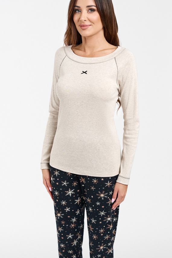 Denali Dámske pyžamo s dlhým rukávom a dlhými nohavicami Italian Fashion - béžová melanž/potlač