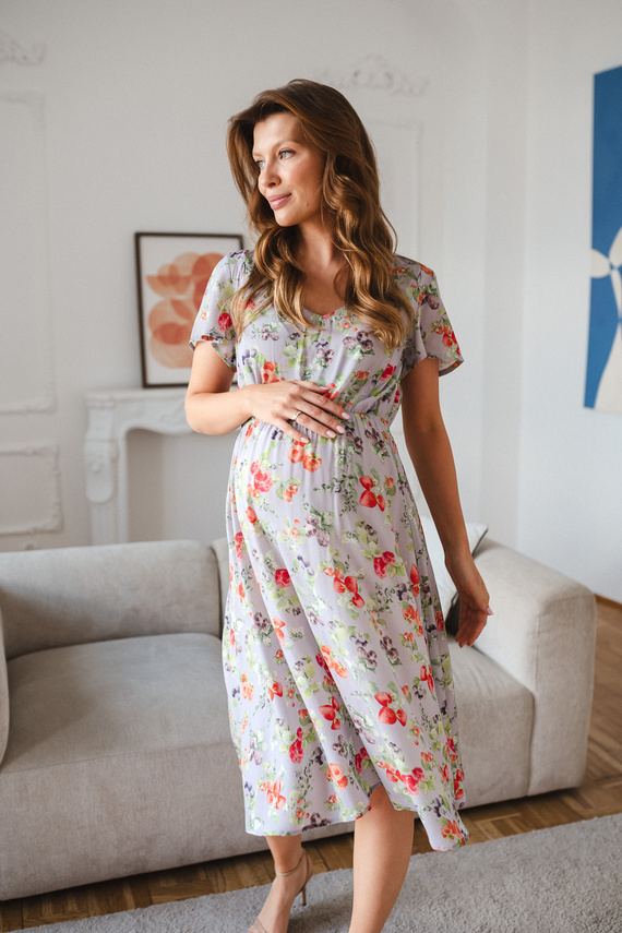 Lovely Dress Midi Milk&Love tehotenské a dojčiace šaty svetlomodré s ovocím
