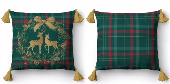 5380 Vianočná dekoračná obliečka na vankúš Detexpol soby vo venci na károvanom pozadí - zips