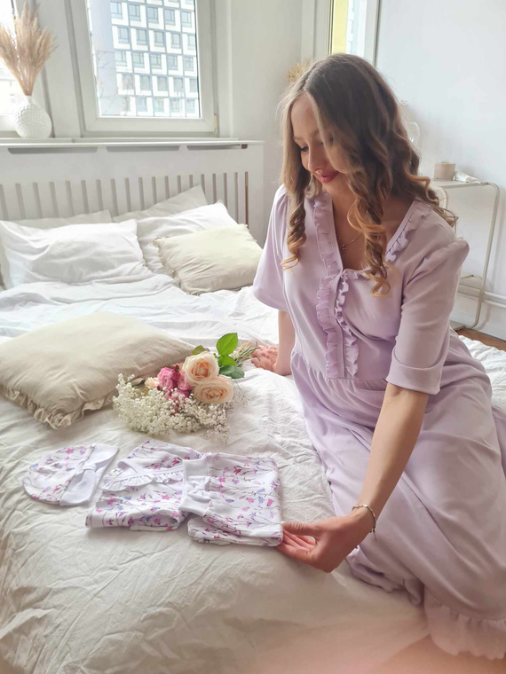 34NA Nočná košeľa Natalie Marija - 100% bavlna, tehotenská a dojčiaca, s volánikmi