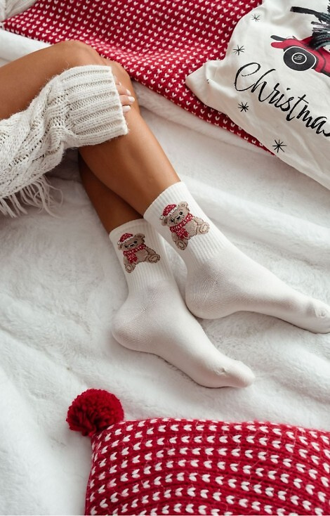 1283-031 Dámske ponožky Milena ecru - Vianočný medvedík, bavlna