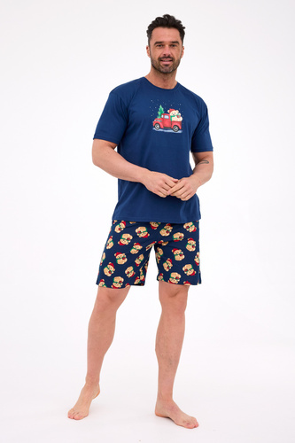 326/291 Teddy 4 Cornette pánske pyžamo - vianočné, tmavomodré, bavlnené, krátky rukáv