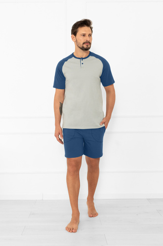 Pánske pyžamo Alexander Italian Fashion - krátke rukávy a krátke šortky, 100% bavlna - sivá/jeans