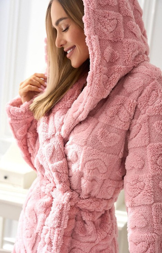 2553 Valentina Dámsky krátky župan L&L s kapucňou a vreckami - púdrovo ružový