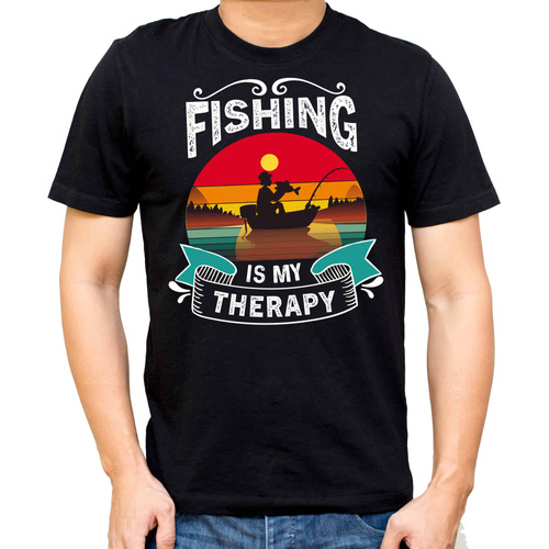 SKU M31 Tričko Moocha Fishing Therapy bavlnené pre rybára s potlačou čierne