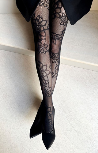 Francesca Veneziana pančuchy čierne - kabaretné s kvetinovým vzorom, elegantné a elastické