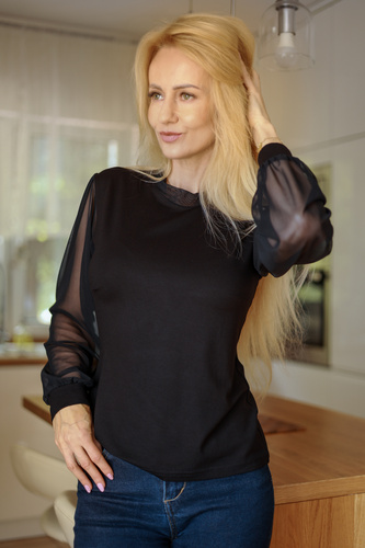 Mirale Freya dámska blúzka z viskózy s tylovými rukávmi a stojatým golierom, elegantná - čierna