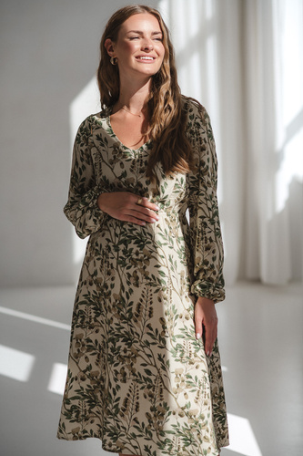 Krásne šaty Midi Milk&Love v zelených kvetoch - tehotenské a dojčiace šaty z ľanu, elegantný strih s dojčiacimi zipsami