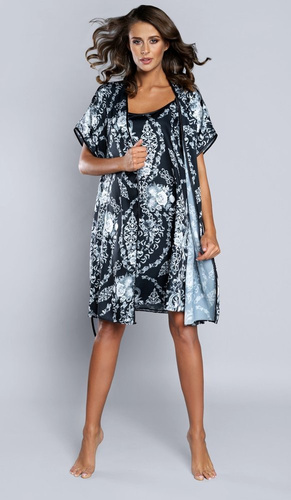 Strieborný dámsky župan s krátkymi rukávmi Saténová talianska móda - tmavomodrá