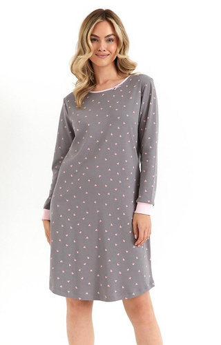 493 Dámska nočná košeľa Cana graphite - interlocková bavlna, srdiečka, dlhý rukáv