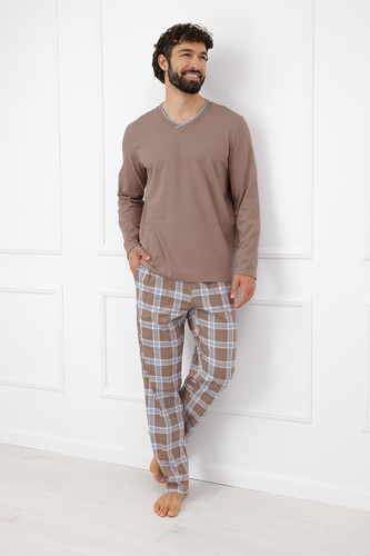 Italian Fashion Dante pánska bavlnená dlhá pyžama nohavice káro - cappuccino
