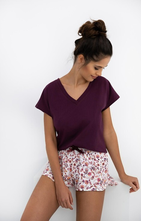 Dámske pyžamo Marisol Sensis - bordová košieľka, kvetinové šortky, 100% bavlna