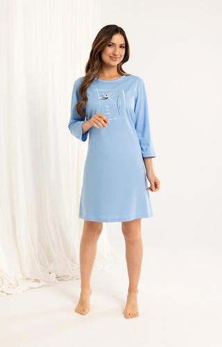 166 Dámske bavlnené modré tričko - 3/4 rukáv, potlač, dĺžka po kolená