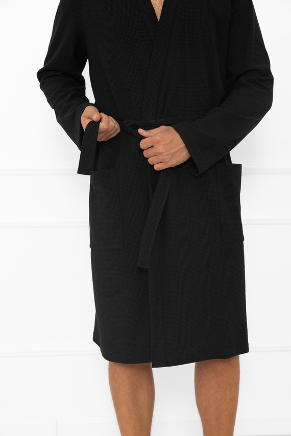 Pánsky župan Bono Italian Fashion black - s opaskom, reliéfny vzor, elegantný a pohodlný