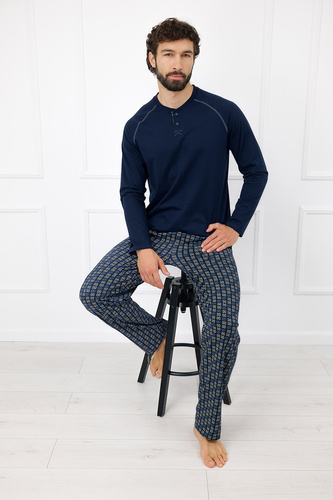 Pižama pánska Rufin Italian Fashion bavlnená s dlhým rukávom, nohavice, tmavomodrá