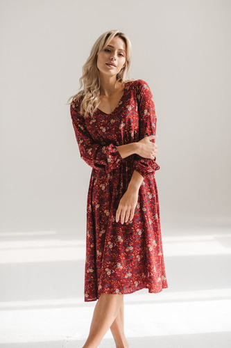 Krásne šaty Midi materské a dojčiace šaty od Milk&Love - bordové kvetinové, dlhý rukáv