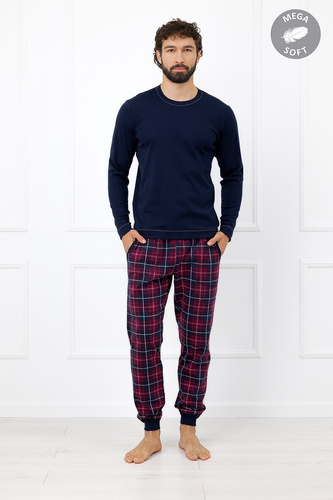 Italian Fashion Brajan pánske pyžamo Mega Soft dlhé nohavice káro tmavomodrá