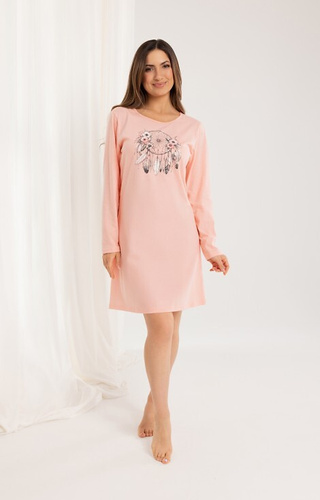 162 Bavlnená nočná košeľa Regina apricot - dlhý rukáv, potlač, pod kolená