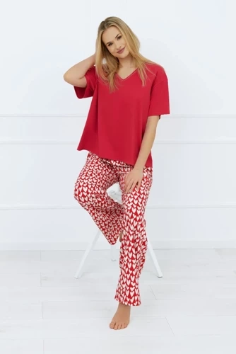 Evora Dámske pyžamo s krátkym rukávom a dlhými nohavicami Italian Fashion - tmavo červená/potlač