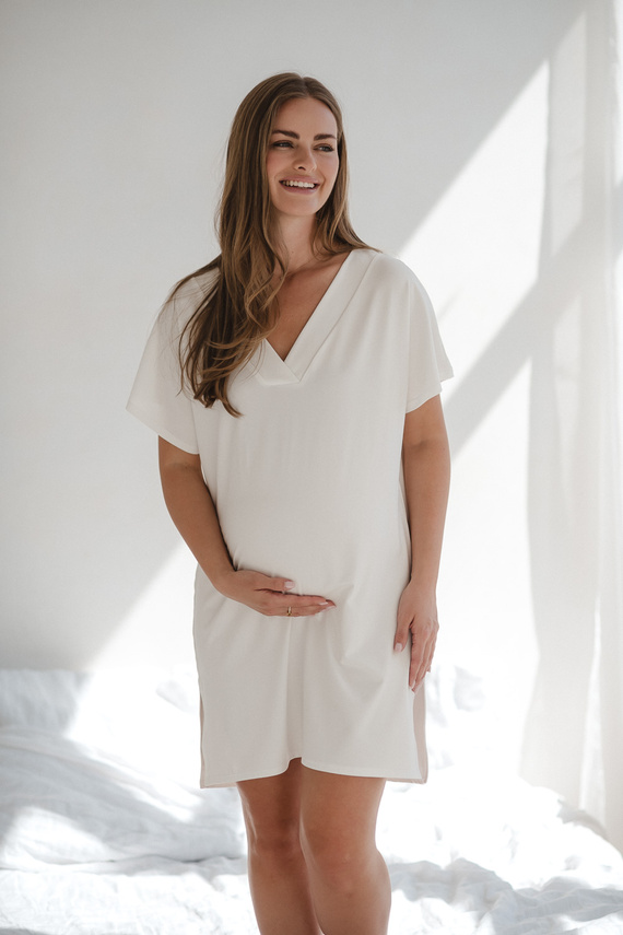 Mesačná nočná košeľa pre tehotné a dojčiace ženy Milk&Love - krémová viskóza, oversize | Poľská kvalita