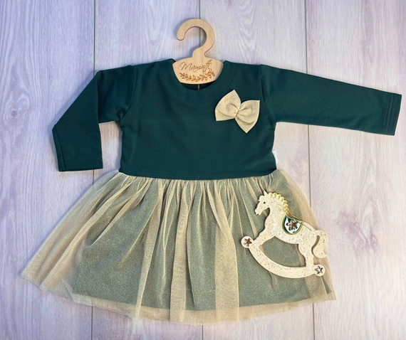 SH03 Veselé Vianoce Dievčenské šaty Mamatti - fľaškovo zelené, dlhý rukáv, spodný diel so zlatým tylom