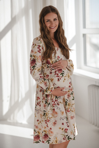 Krásne šaty Midi Milk&Love krémové kvetinové tehotenské a dojčiace šaty z ľanu, elegantný strih s dojčiacimi zipsami