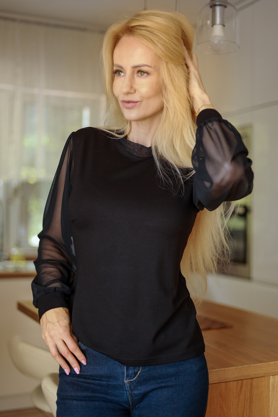 Mirale Freya dámska blúzka z viskózy s tylovými rukávmi a stojatým golierom, elegantná - čierna