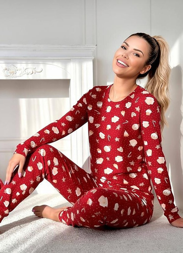 Dámska pyžamo Donna Bear Long červené – bavlnené, teplé pyžamo s dlhým rukávom