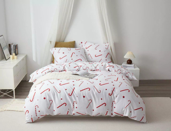 Candycanes Vianočné bavlnené saténové posteľné prádlo Spod Igły i Nitki biele červené candycanes - elegantné a mäkké