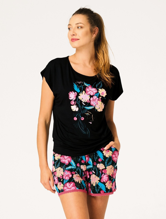 Dámske pyžamo Key LNS 560 čierne – bambus, krátke, čipka