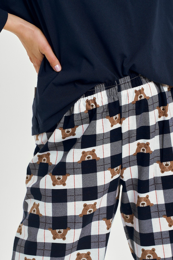 3441 Astrid dámske bavlnené pyžamo Taro námornícka modrá - dlhý rukáv, kockované flanelové nohavice