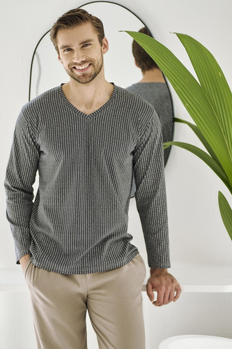 Pánske pyžamo Luca 3481 - bavlna, grafitová farba, dlhý rukáv