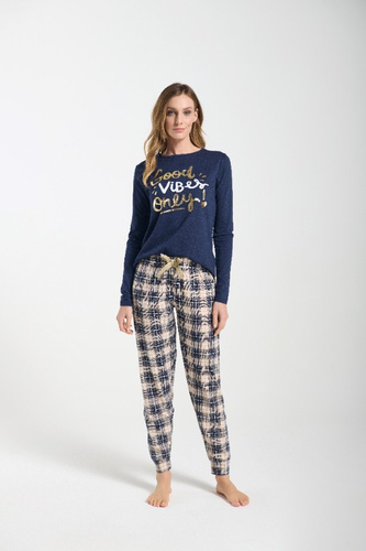 Bessy Dámske pyžamo Sorbetto námornícka modrá - džersej, zlatá potlač, kockované nohavice