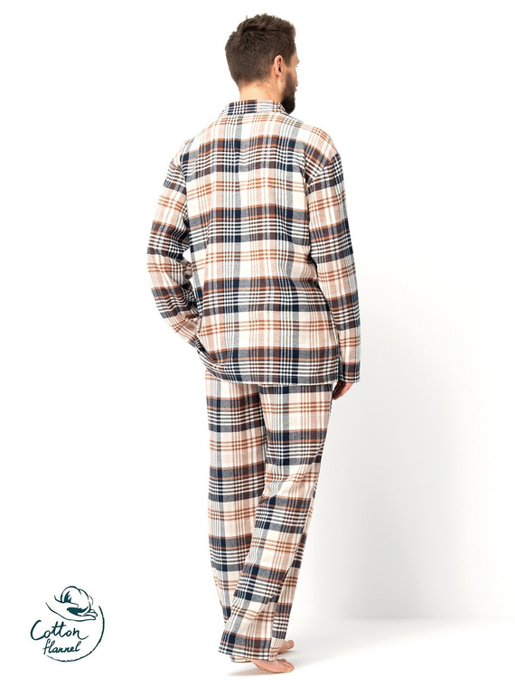 Pánske pyžamo Key MNS 443 hnedé - bavlnený flanel, dlhý rukáv, zapínanie na gombíky