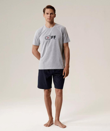 Pánske pyžamo NMP-395 - sivá tmavomodrá bavlna, krátky rukáv, ľahké a pohodlné na leto