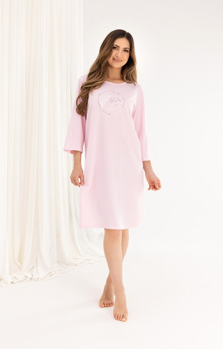 Bavlnená nočná košeľa 167 ružová - 3/4 rukáv, potlač, rozšírená, nad kolená