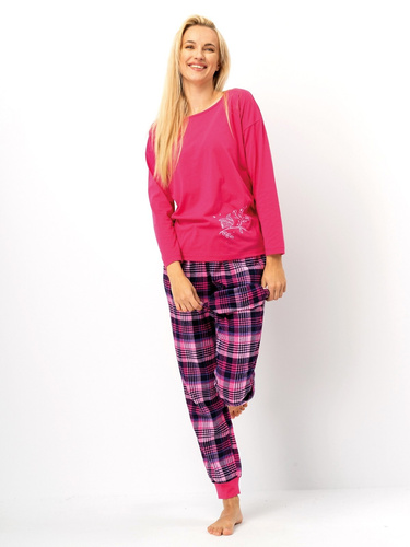 Dámske pyžamo LNS 491 Key fuchsia - bavlna, dlhý rukáv, flanelové nohavice