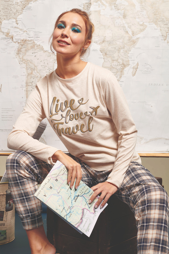 Bessy Dámske pyžamo Sorbetto beige - džersej, zlatá potlač, károvaná nohavica