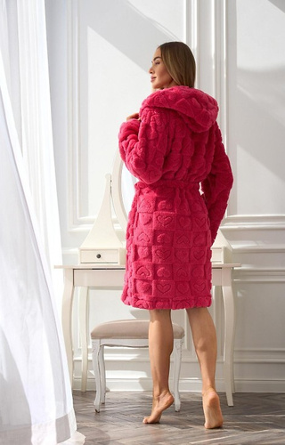 2553 Valentina Dámsky krátky župan L&L s kapucňou a vreckami - malinový