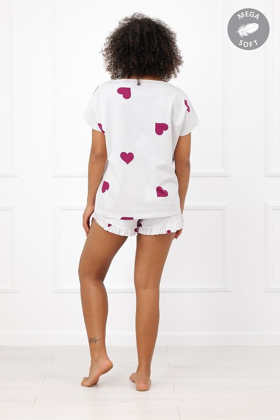 Italian Fashion Soul krátka dámska pyžama Mega Soft ecru s bordovými srdiečkami