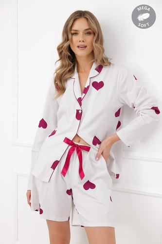 Italian Fashion Soul Dámska pyžama Mega Soft ecru s bordovými srdiečkami, šortky