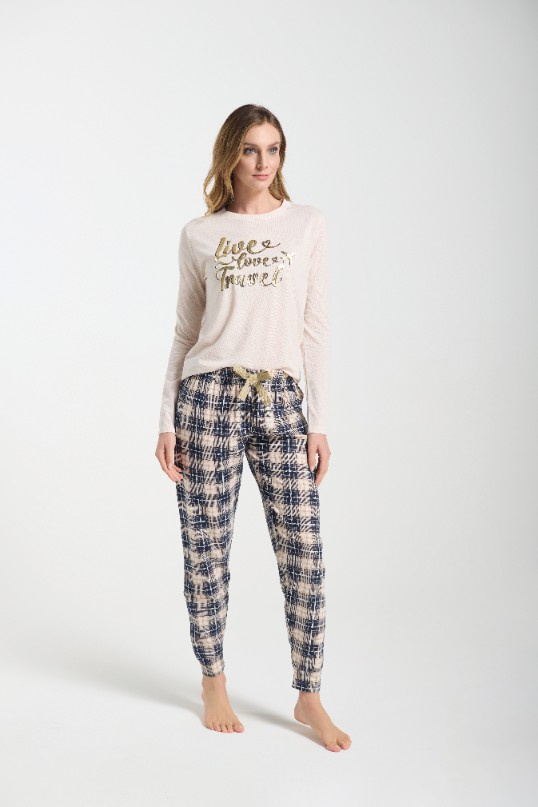 Bessy Dámske pyžamo Sorbetto beige - džersej, zlatá potlač, károvaná nohavica