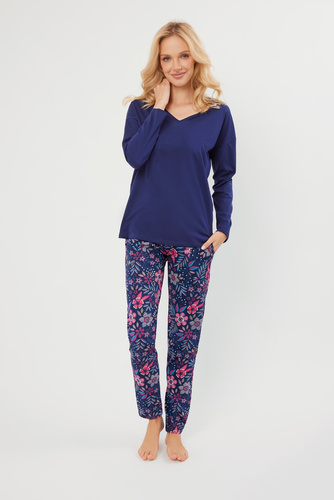 Folk Dámske pyžamo s dlhým rukávom, dlhé nohavice Talianska móda - tmavomodrá/potlač