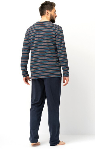 MNS 315 Hnedé pánske pyžamo Key - bavlna, pruhovaný top a hladké nohavice