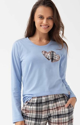 322 Luna modrá - dámske bavlnené pyžamo, srdiečka, dlhý rukáv, károvaná nohavica