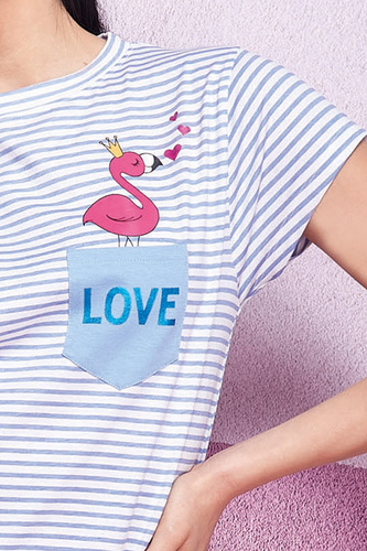 Oxksana Modrá nočná košeľa - 100% bavlna, pruhy a volániky