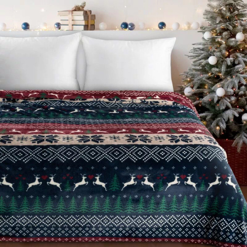 Eurofirany Vianočná deka tmavomodrá červená so škandinávskym vzorom - mäkký prehoz z mikrovlákna, 240 g/m²